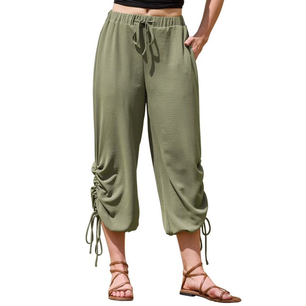 Women Casual Summer Drawstring Cropped Wide Leg Pants Army Green